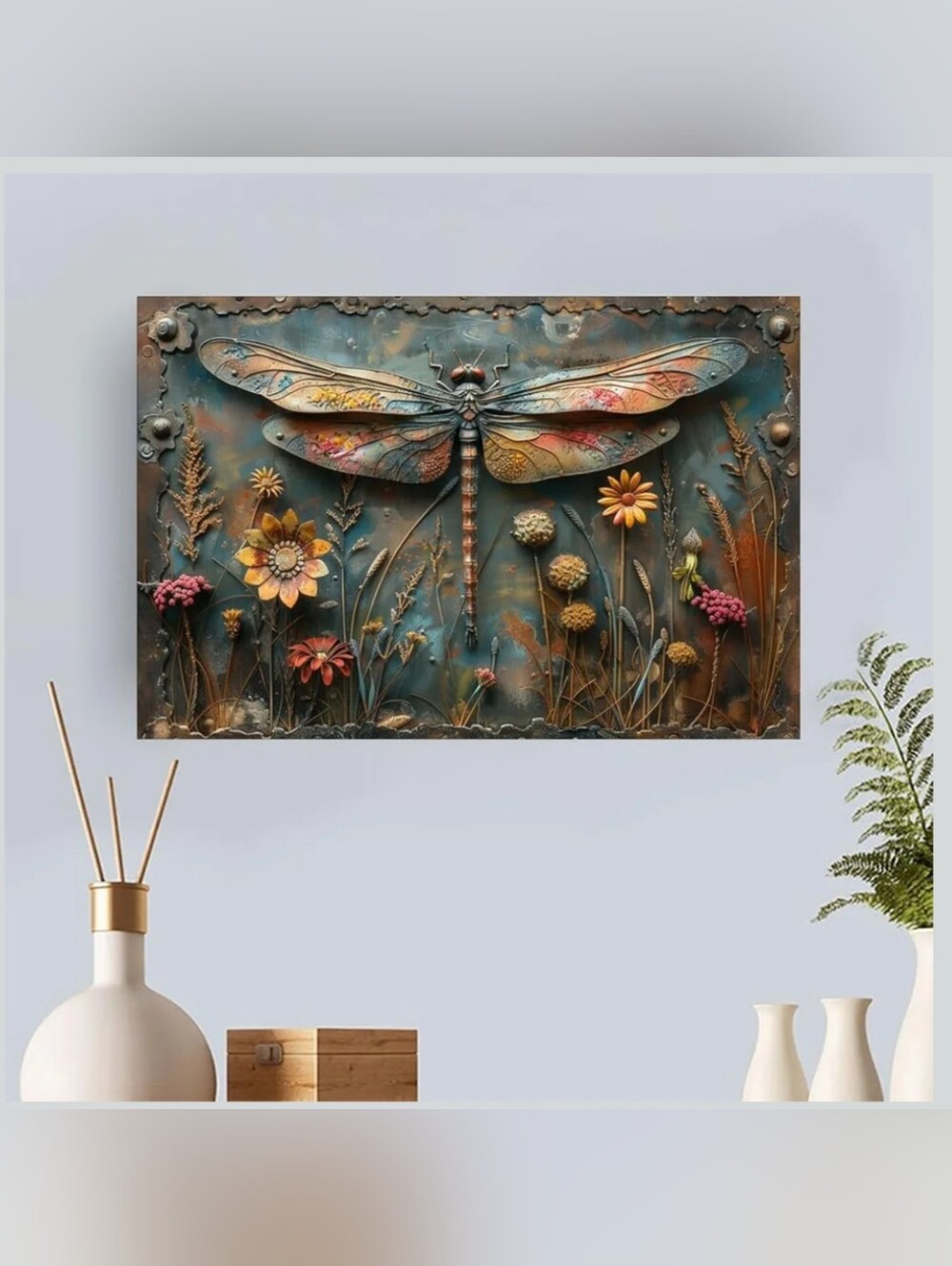 Dragonfly Meadow 3D Vintage Rustic Canvas Wall Art - 12x18in NWT